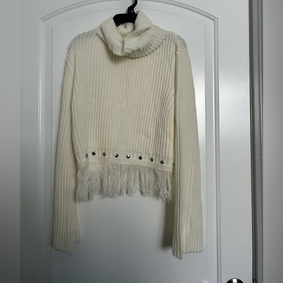 Lulus Freethinker Cream Studded Fringe Cropped Turtleneck Sweater large - Picture 2 of 15